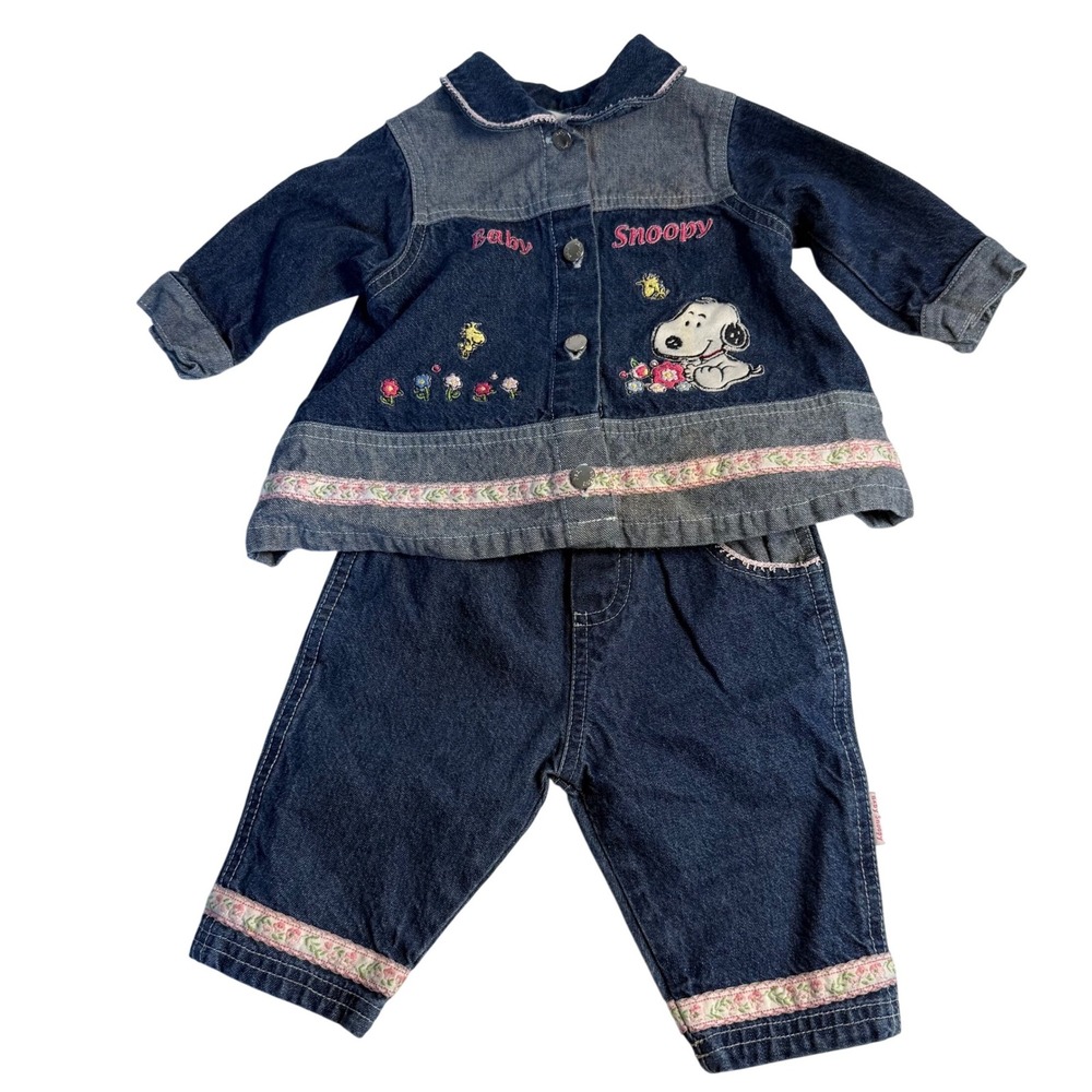 Vintage 90s Peanuts Baby Snoopy Embroidered Denim Outfit Set Girls Floral 3-6 m